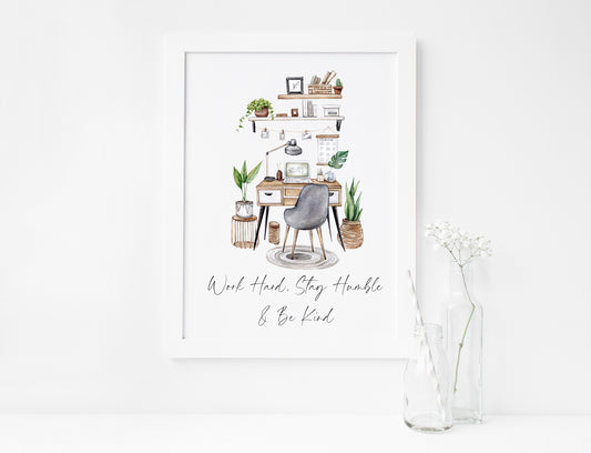 Work hard, stay humble & be kind girl boss, motivational, blogger, office illustration unframed wall art poster print