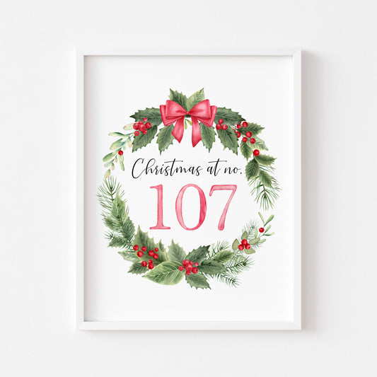 Personalised Christmas house number print, christmas at no. seasonal red & green winter watercolour wreath unframed wall art poster print