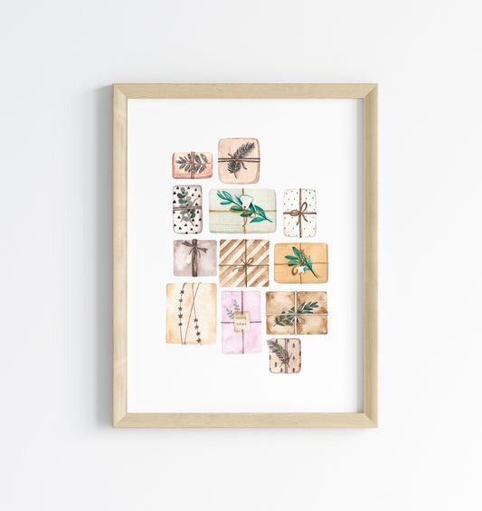Christmas presents collage, seasonal xmas presents, wrapping paper, xmas decor unframed wall art poster print