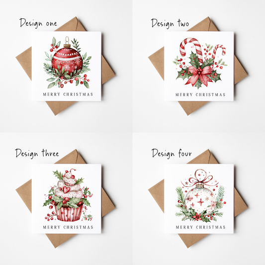 Festive Christmas Cards Red, Green & white floral decorations - Pack of 4, Kraft Envelopes