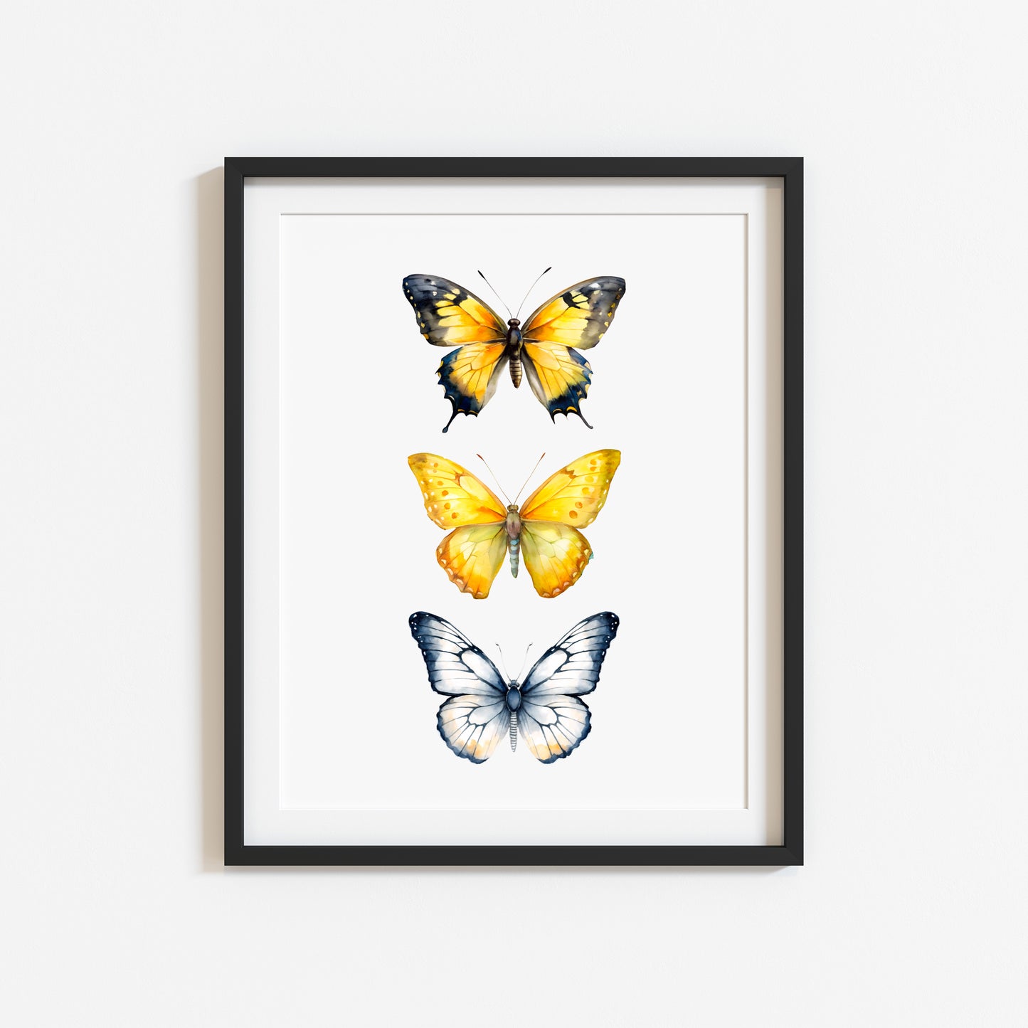 Butterfly print, trio of butterflies, yellow orange watercolour bedroom unframed wall art poster print