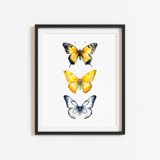 Butterfly print, trio of butterflies, yellow orange watercolour bedroom unframed wall art poster print