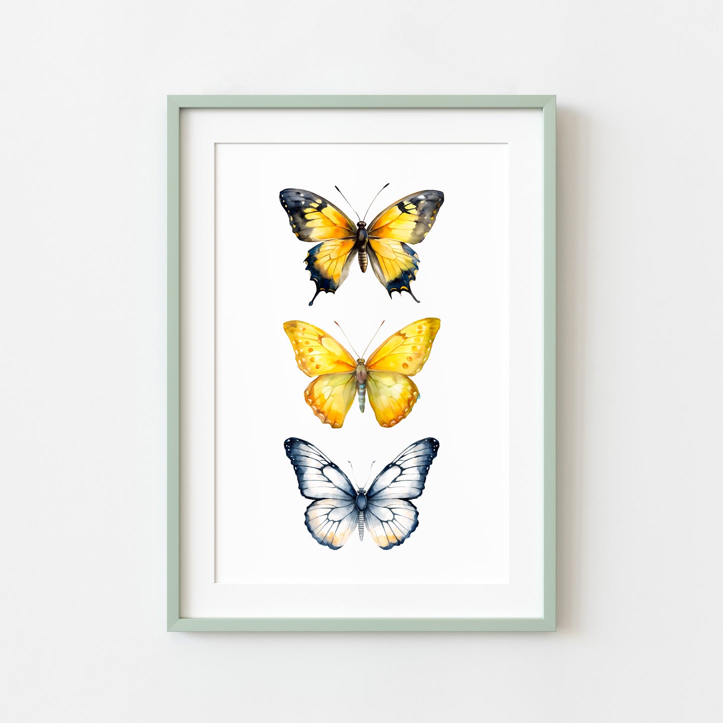 Butterfly print, trio of butterflies, yellow orange watercolour bedroom unframed wall art poster print