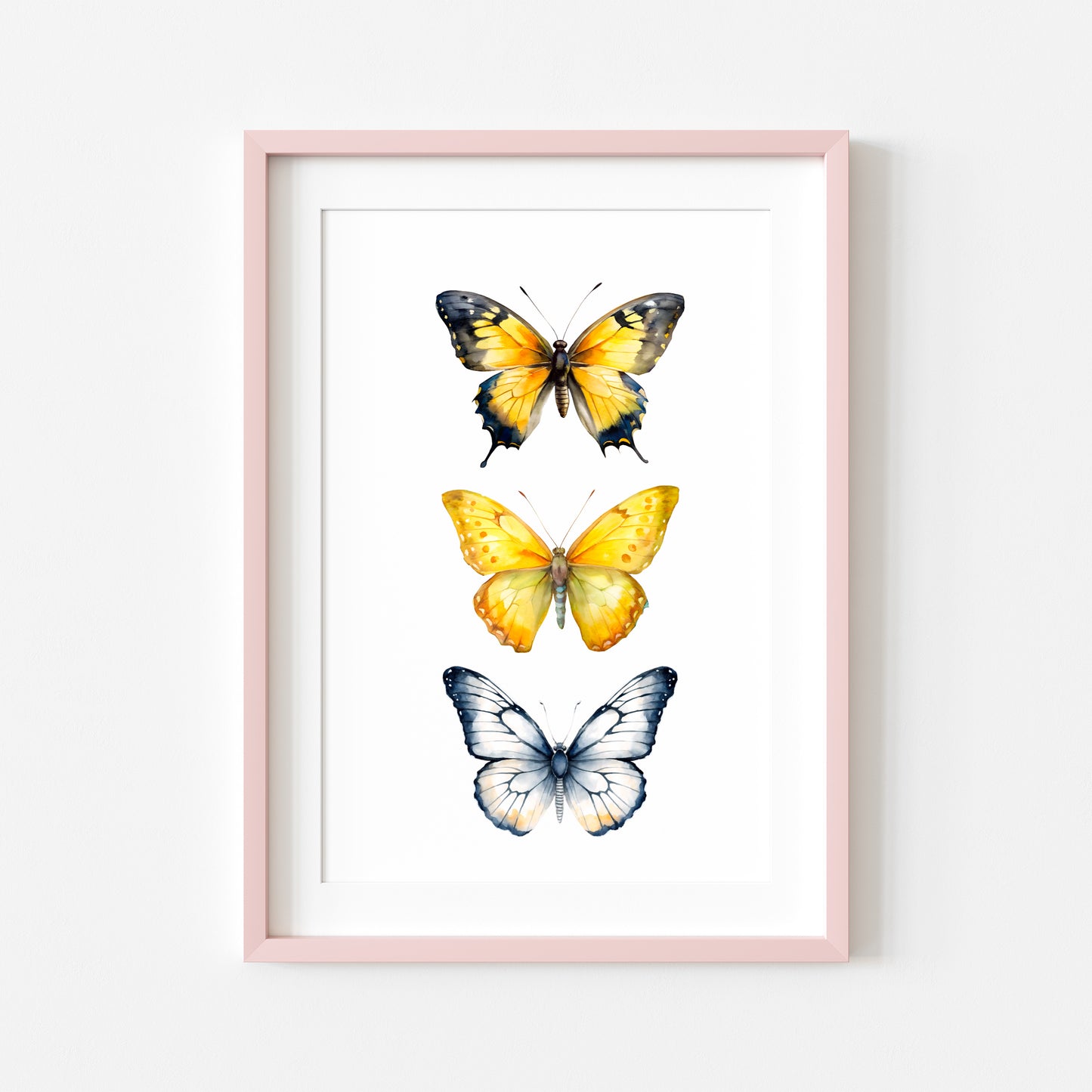 Butterfly print, trio of butterflies, yellow orange watercolour bedroom unframed wall art poster print
