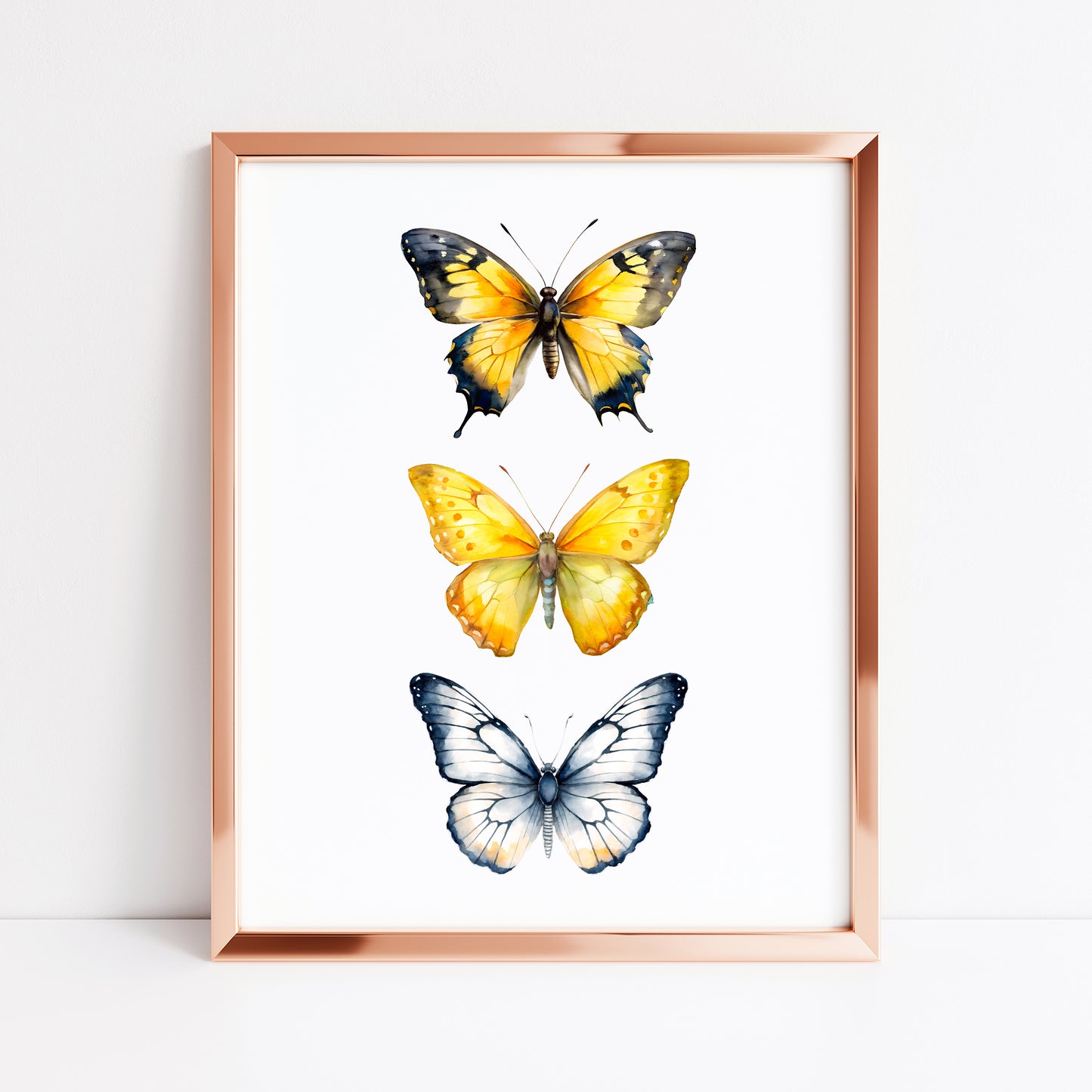 Butterfly print, trio of butterflies, yellow orange watercolour bedroom unframed wall art poster print