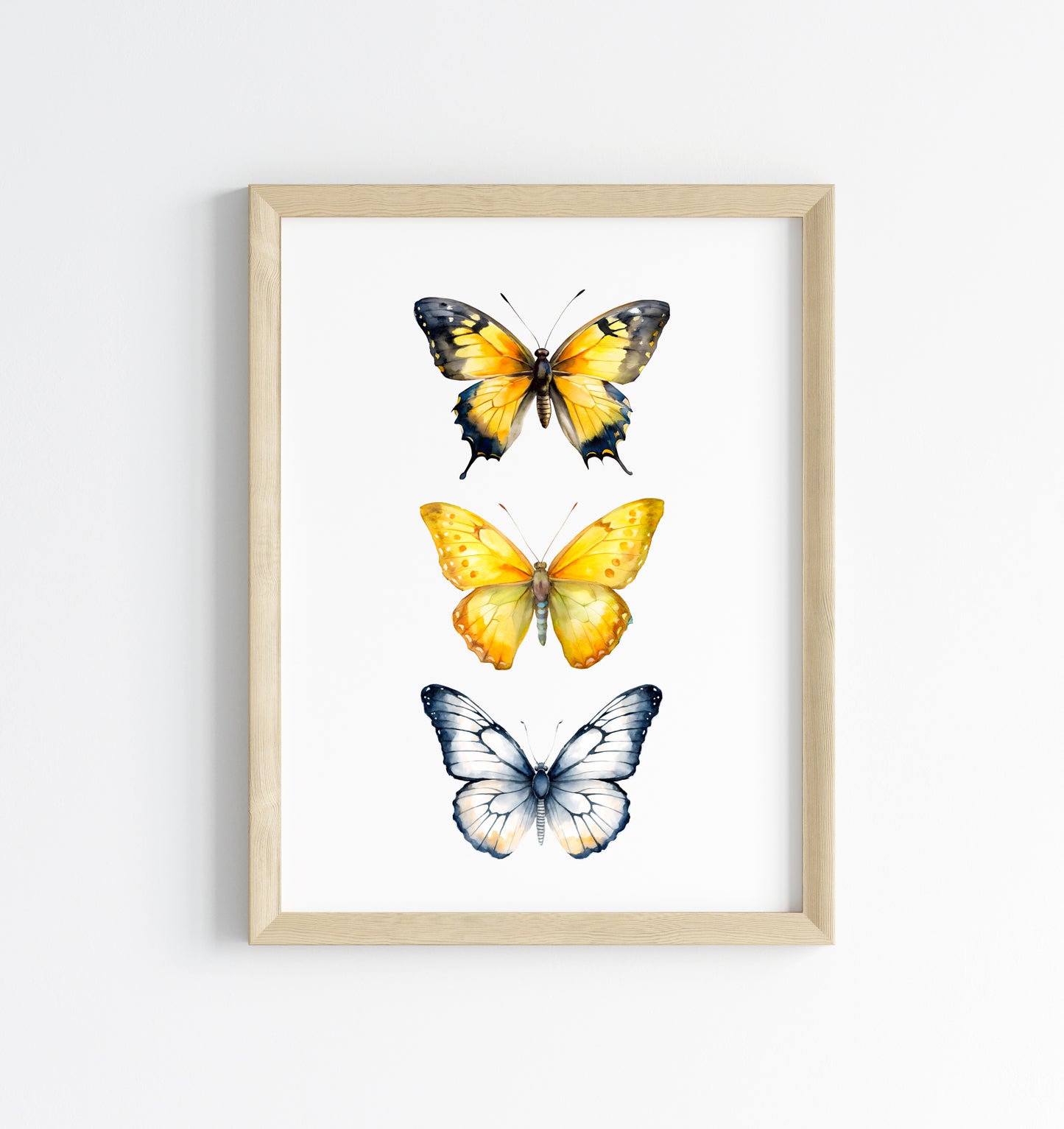 Butterfly print, trio of butterflies, yellow orange watercolour bedroom unframed wall art poster print
