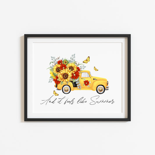 And it feels like Summer watercolour floral sunflower & butterflies yellow truck landscape home hallway bedroom unframed wall art poster print