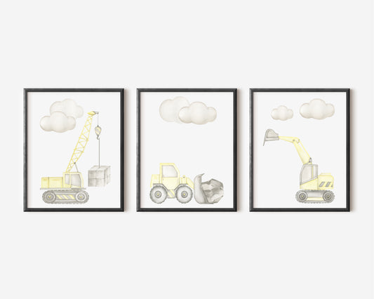 Set of 3 watercolour kids digger truck construction yellow and black illustration set of unframed wall art poster prints