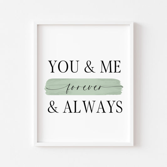 You & me forever and always print couples plain pink or green bedroom home unframed wall art poster print couples bedroom wall art print