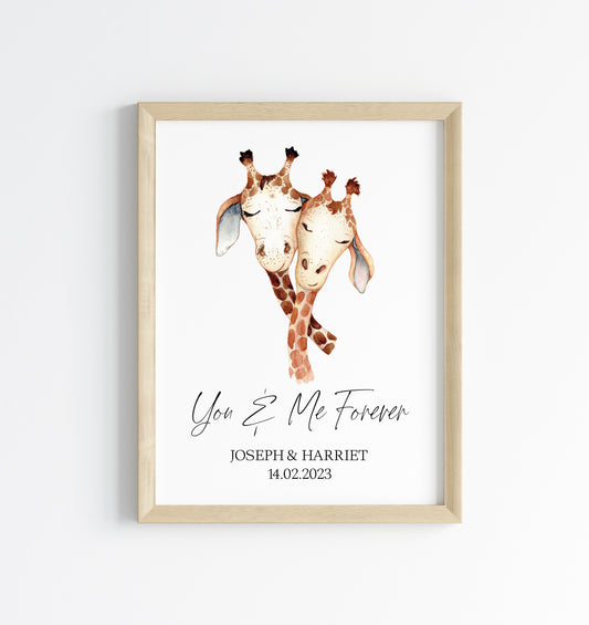 Couples print, you and me forever watercolour giraffes couples cute unframed wall art poster print