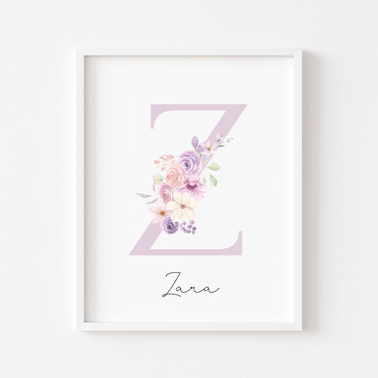 Personalised purple pink floral initial name print, bedroom nursery home unframed wall art poster print, initial print, floral nursery print