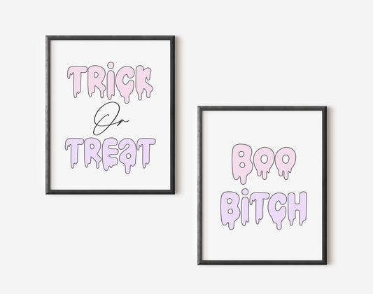 Set of 2 Halloween prints, Trick or treat Boo B*tches halloween seasonal pastel unframed wall art poster prints, halloween signs, spooky art