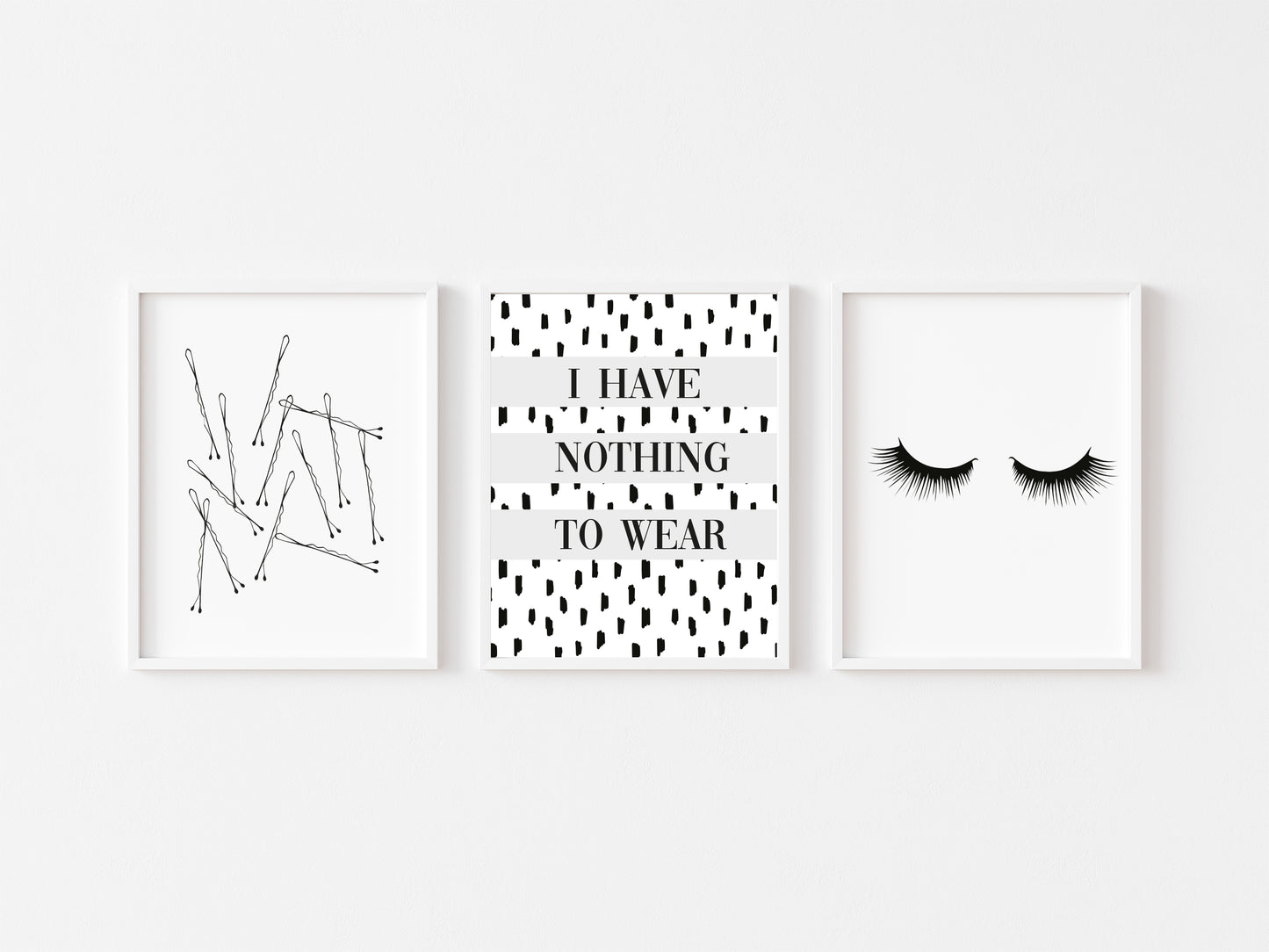 Set of 3 prints, I have nothing to wear grey eyelashes and bobby pins borderless unframed prints