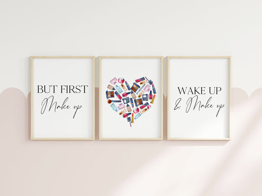Set of 3 make up prints, but first make up, heart, wake up & make up bedroom fashion dressing room unframed wall art poster prints