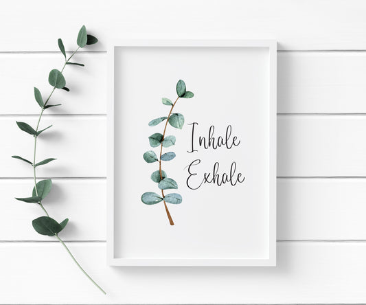 Inhale Exhale green blue eucalyptus botanical stem watercolour bathroom toilet unframed wall art poster print