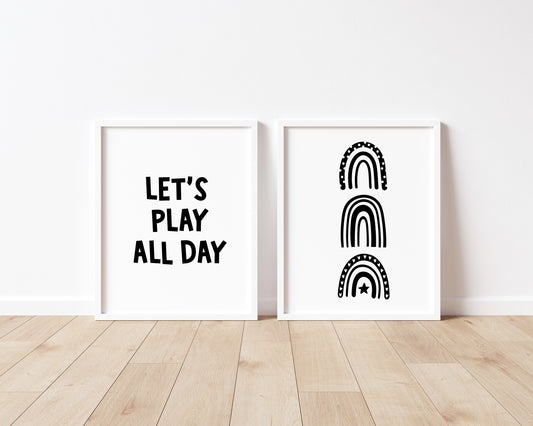 Set of 2 nursery bedroom prints, let's play all day black and white monochrome rainbows unframed wall art poster prints