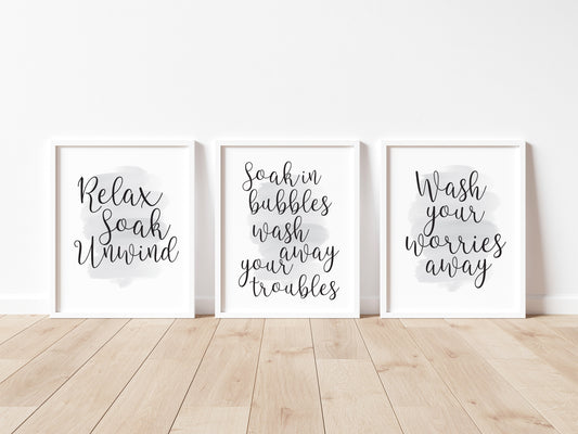 Set of 3 watercolour bathroom prints, relax soak unwind inhale exhale bathroom washroom unframed wall art poster prints