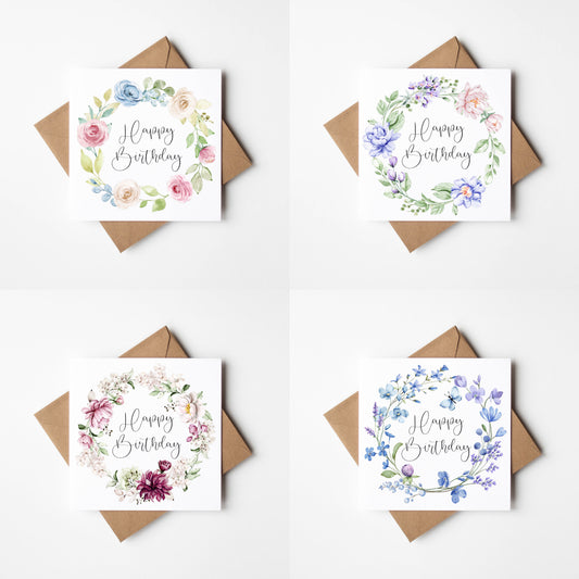 Floral Birthday Cards - pink green blue red floral wreaths - Pack of 4 with envelopes