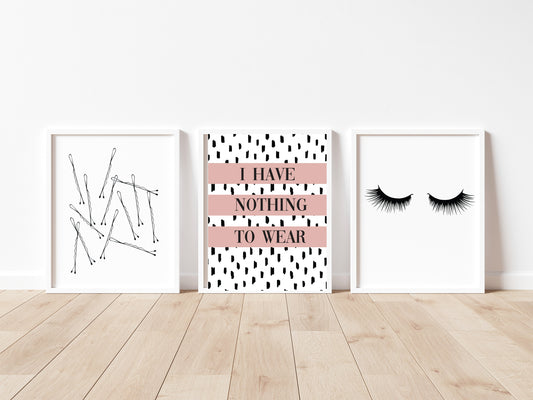 Set of 3 prints, I have nothing to wear pink eyelashes and bobby pins borderless unframed prints