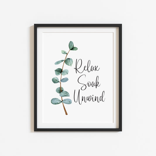 Relax soak unwind green blue eucalyptus botanical stem watercolour bathroom toilet unframed wall art poster print