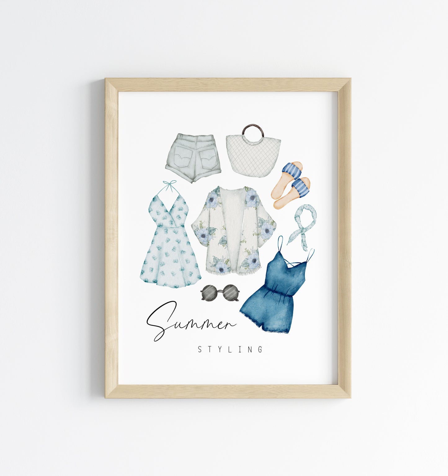 Summer styling, blue summer fashion, summer accessories home seasonal unframed wall art poster print