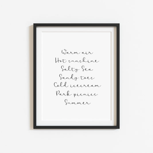 Summer print, Summer definition, summer favourites seasonal unframed wall art poster print