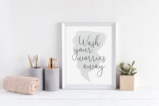 Wash your worries away watercolour grey blue bathroom wash room sign unframed wall art poster print