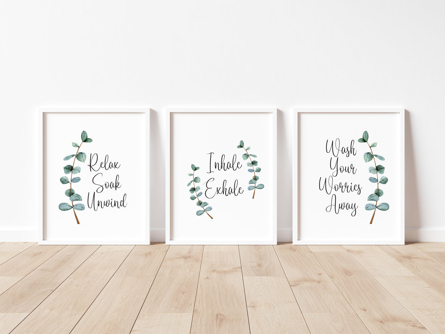 Set of 3 botanical stem relax soak unwind, inhale exhale and wash your worries away unframed prints