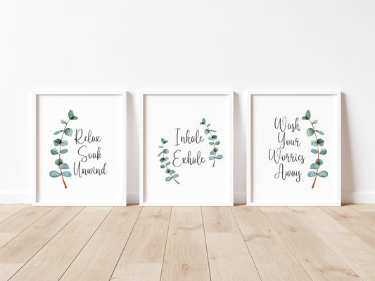 Set of 3 botanical stem relax soak unwind, inhale exhale and wash your worries away unframed prints