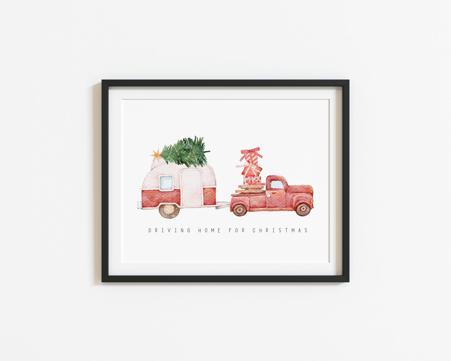 Driving home for Christmas, truck and caravan watercolour illustration seasonal unframed wall art poster print