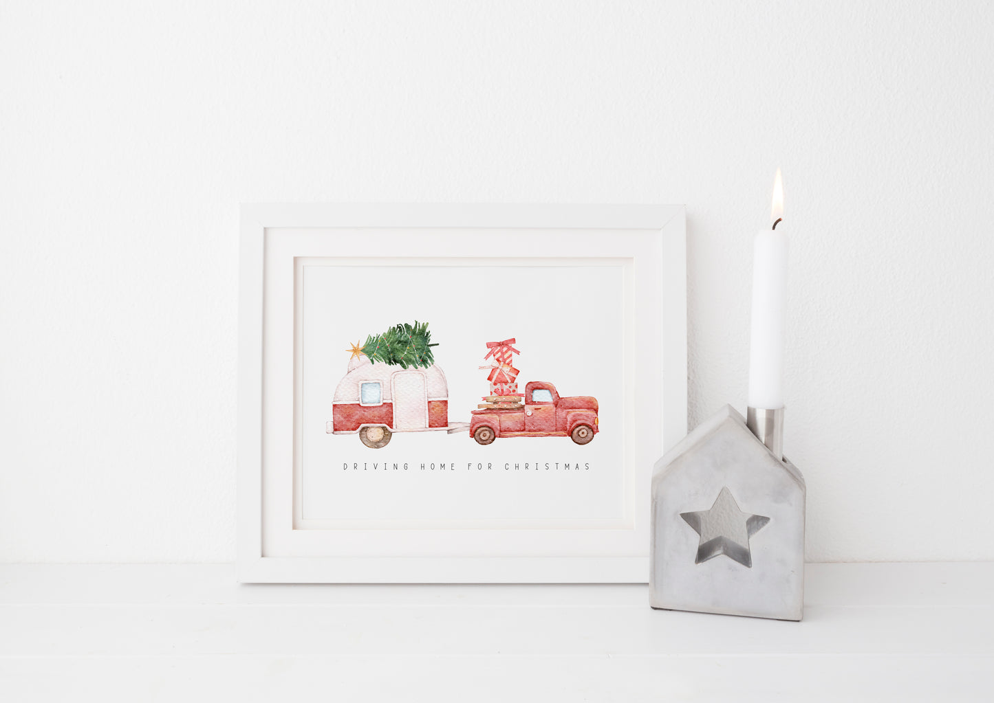 Driving home for Christmas, truck and caravan watercolour illustration seasonal unframed wall art poster print