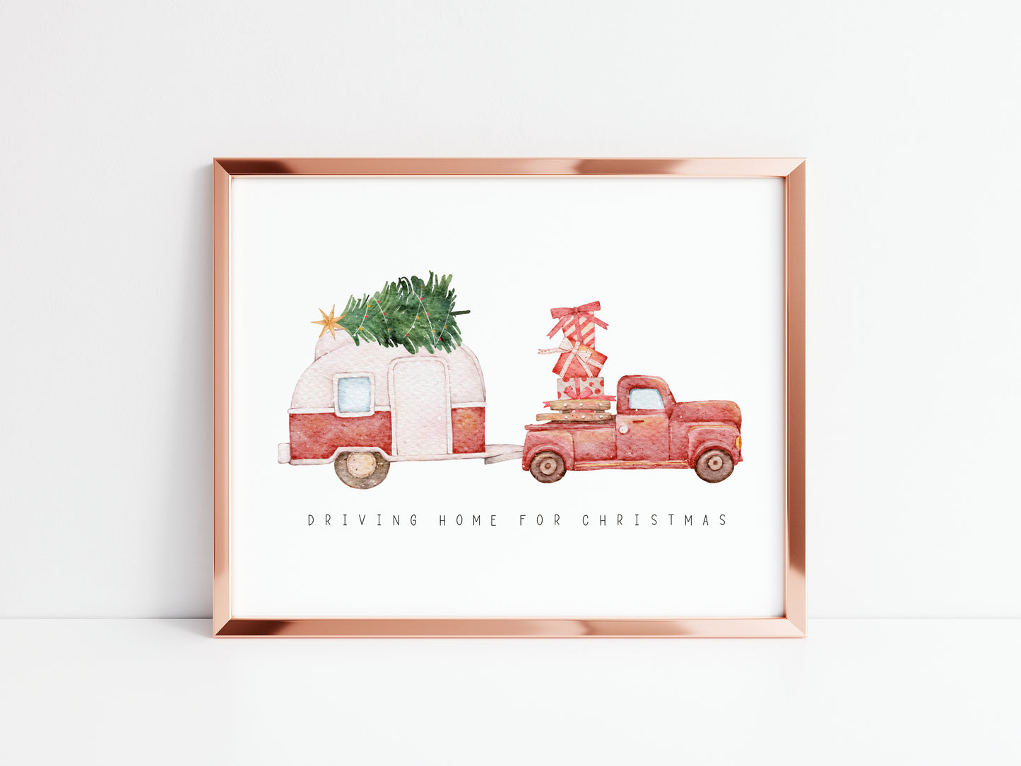 Driving home for Christmas, truck and caravan watercolour illustration seasonal unframed wall art poster print