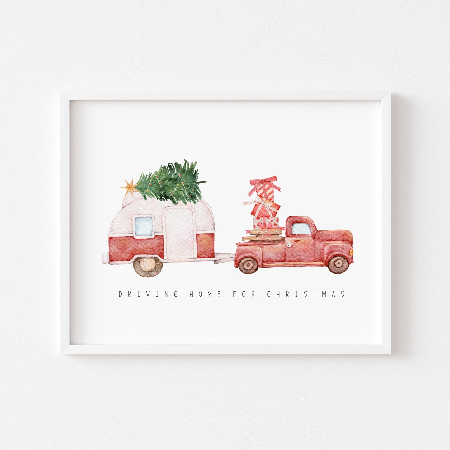 Driving home for Christmas, truck and caravan watercolour illustration seasonal unframed wall art poster print