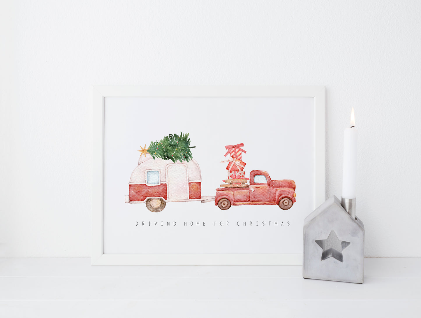Driving home for Christmas, truck and caravan watercolour illustration seasonal unframed wall art poster print