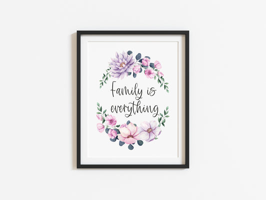 Family is everything pink and purple botanical watercolour wreath unframed print