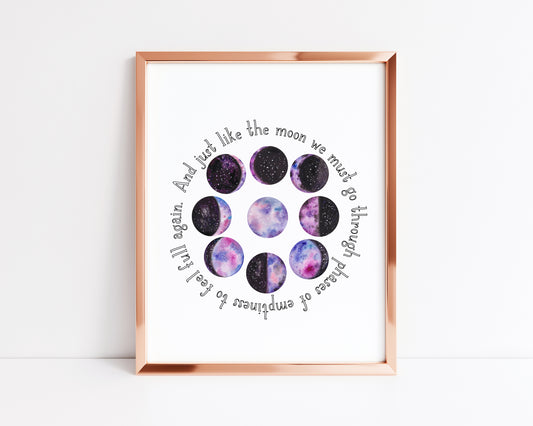And just like the moon we must go through phases, purple watercolour moon celestial style unframed wall art poster print