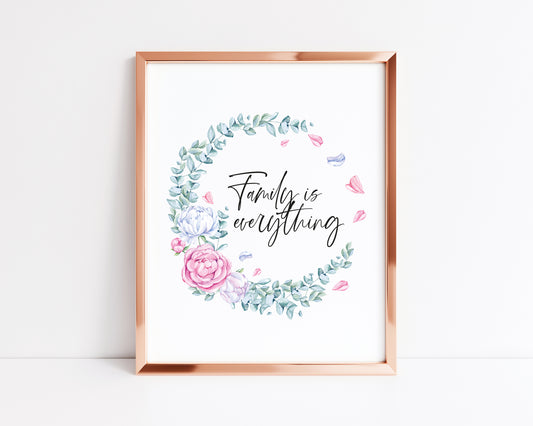 Family is everything green pink and purple floral watercolour wreathe style unframed print