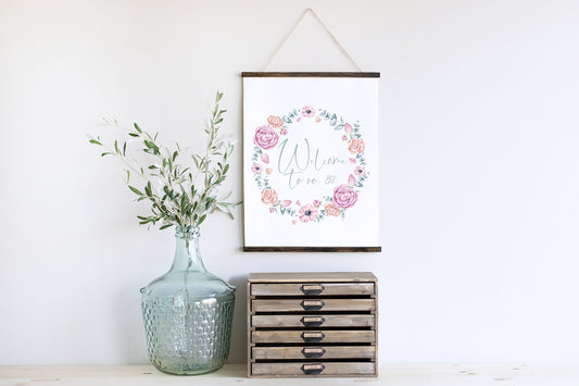 Personalised welcome to no. number green pink and purple floral watercolour wreathe style unframed print