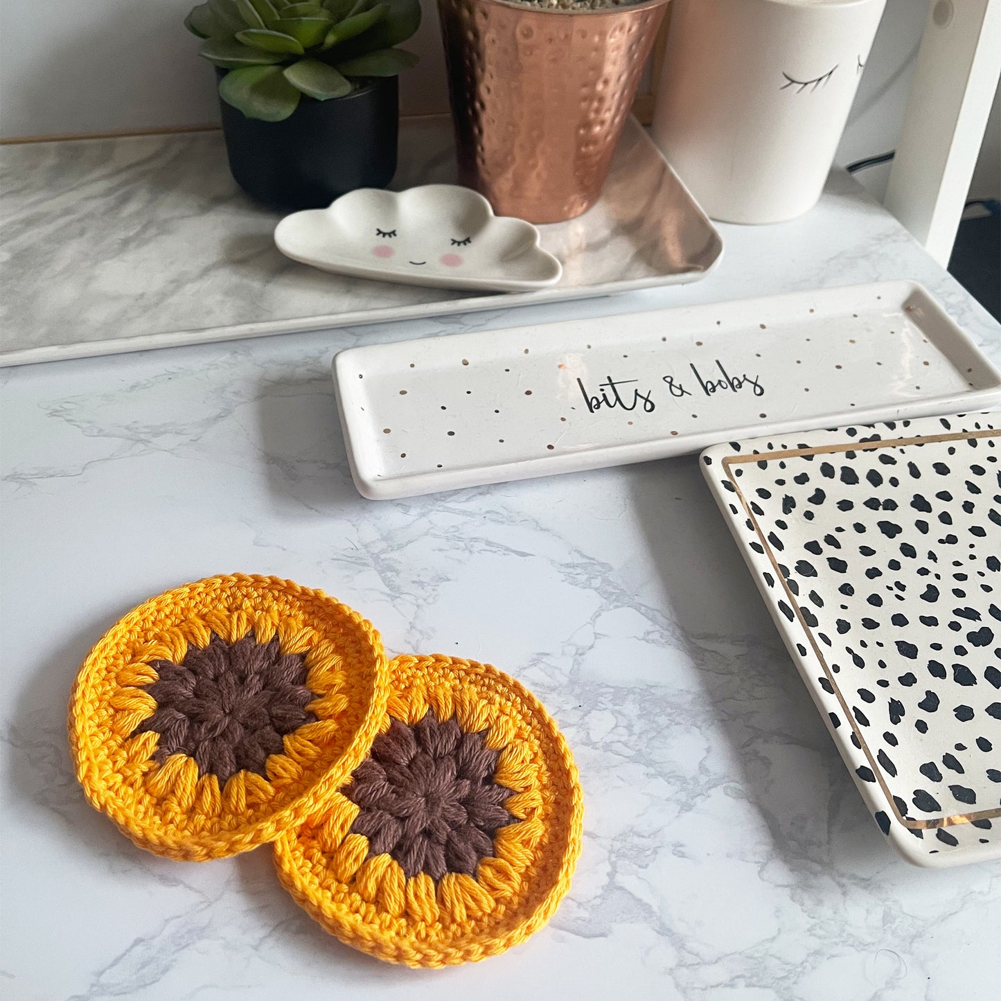 Set of 2 handmade crochet coasters, sunflower seasonal style set of 2 home decor coasters