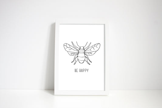 Be Happy, Bee illustration line drawing motivational bedroom unframed wall art poster print