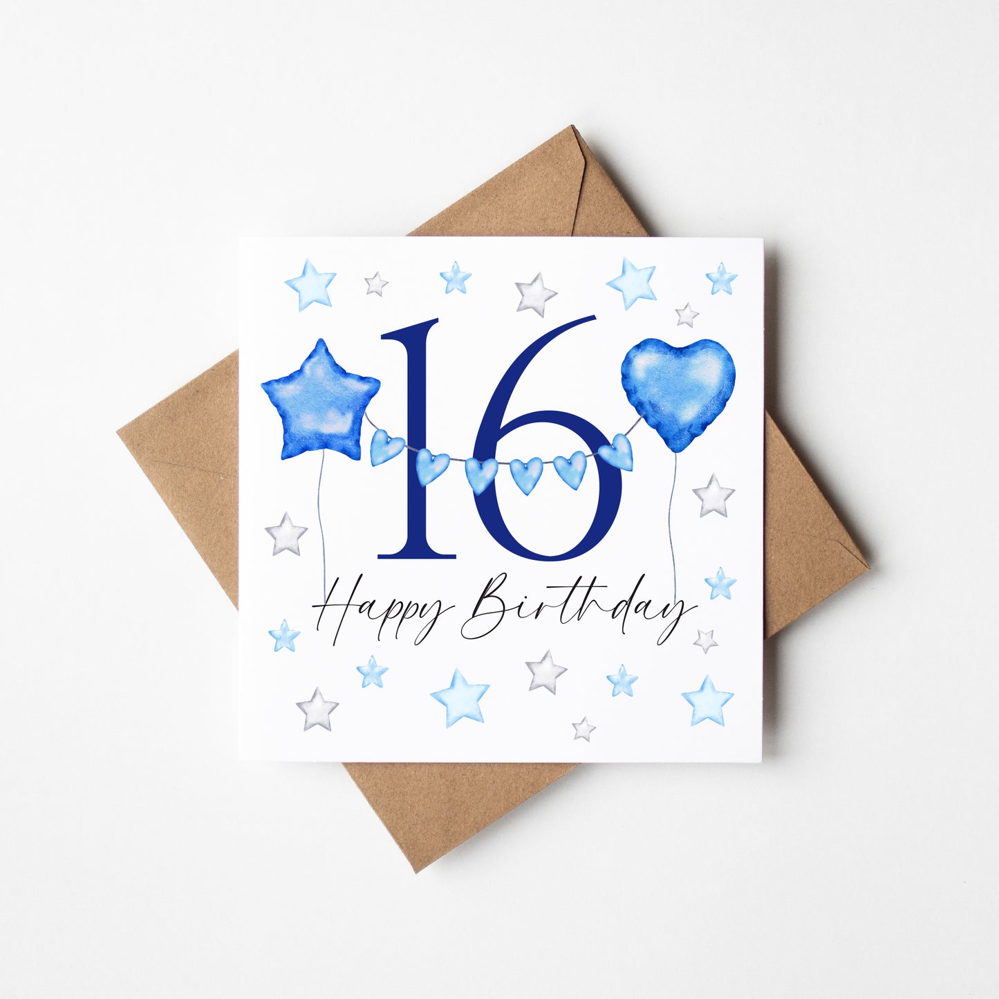 Birthday number card blue & grey balloons stars happy Birthday personalised with Envelope