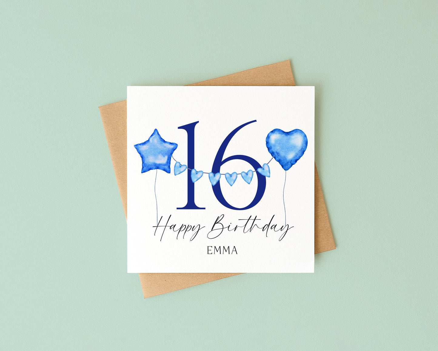 Birthday name & number card blue grey balloons stars happy Birthday personalised with Envelope