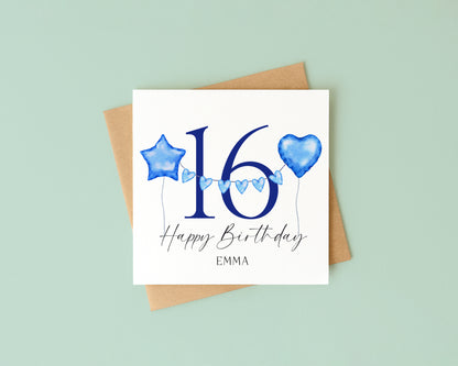 Birthday name & number card blue grey balloons stars happy Birthday personalised with Envelope