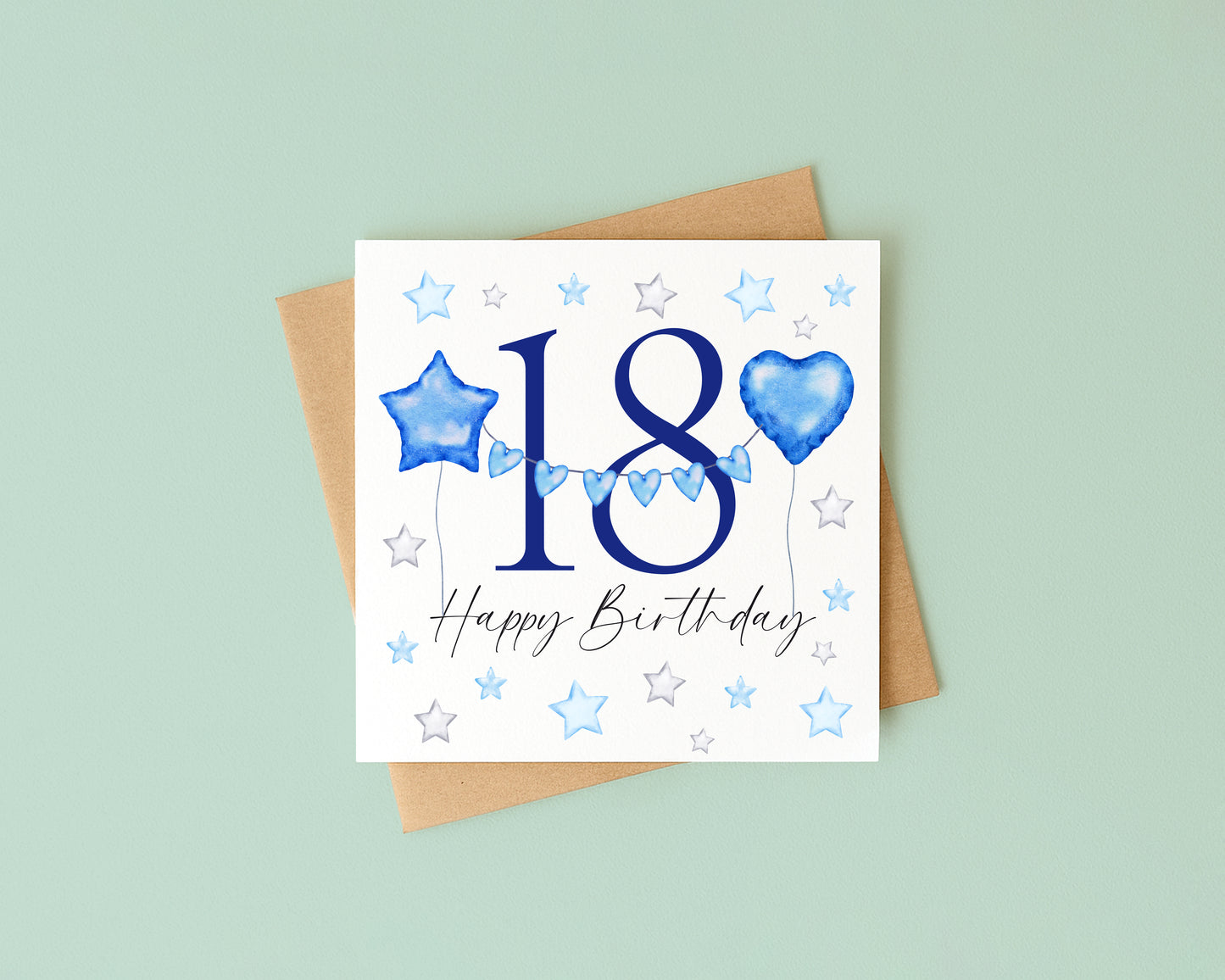 Birthday number card blue & grey balloons stars happy Birthday personalised with Envelope