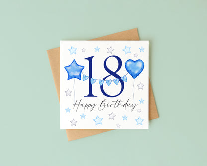 Birthday number card blue & grey balloons stars happy Birthday personalised with Envelope