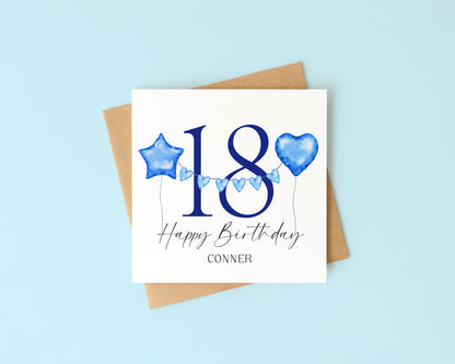 Birthday name & number card blue grey balloons stars happy Birthday personalised with Envelope