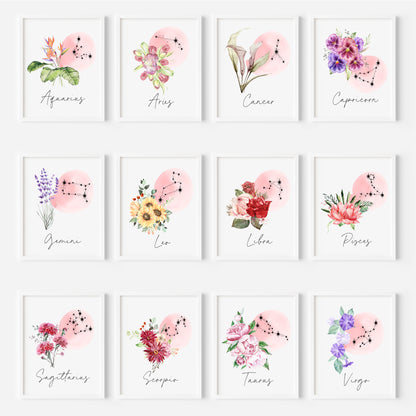 Birth flower star sign zodiac watercolour floral beautiful bedroom gift unframed wall art poster print