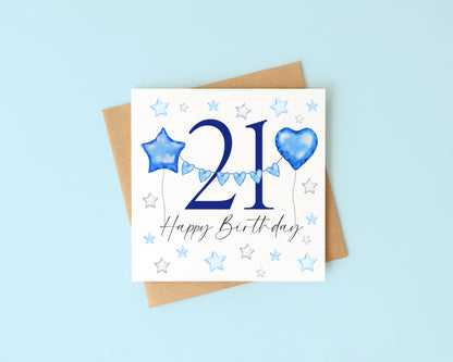 Birthday number card blue & grey balloons stars happy Birthday personalised with Envelope