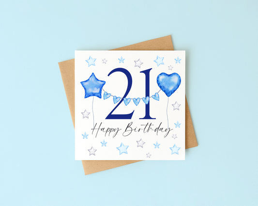Birthday number card blue & grey balloons stars happy Birthday personalised with Envelope