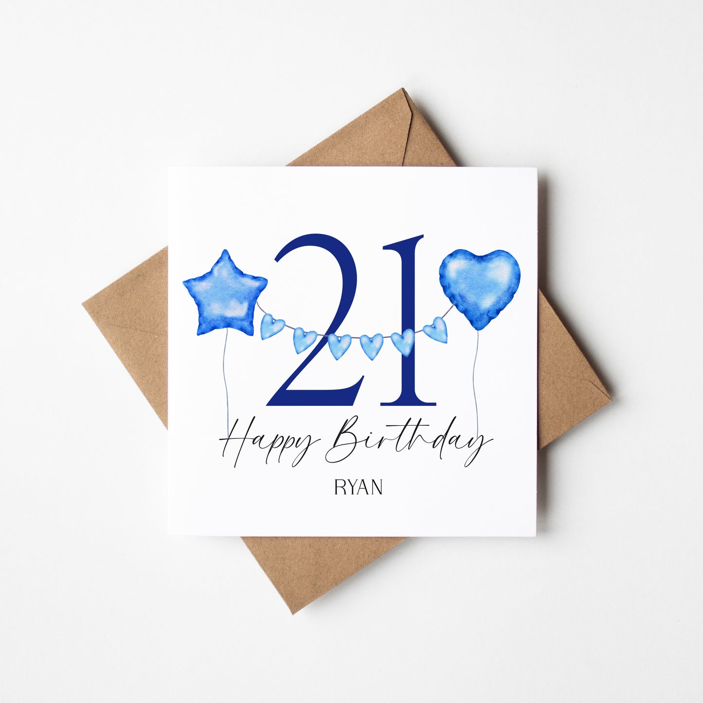 Birthday name & number card blue grey balloons stars happy Birthday personalised with Envelope